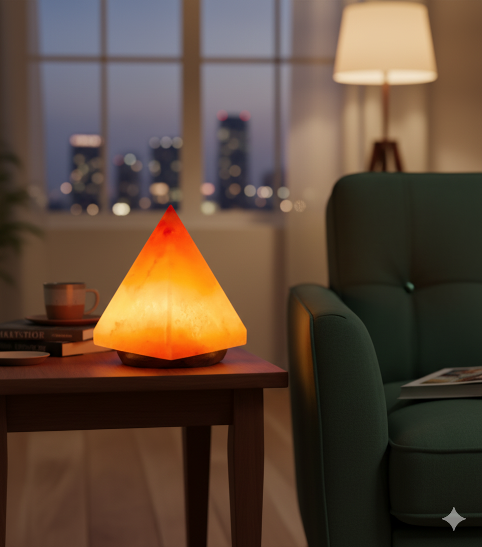 Salt Lamp Pyramid (UK Cord) | Natural Himalayan Salt Lamp with Wooden Base & Black Power Cord