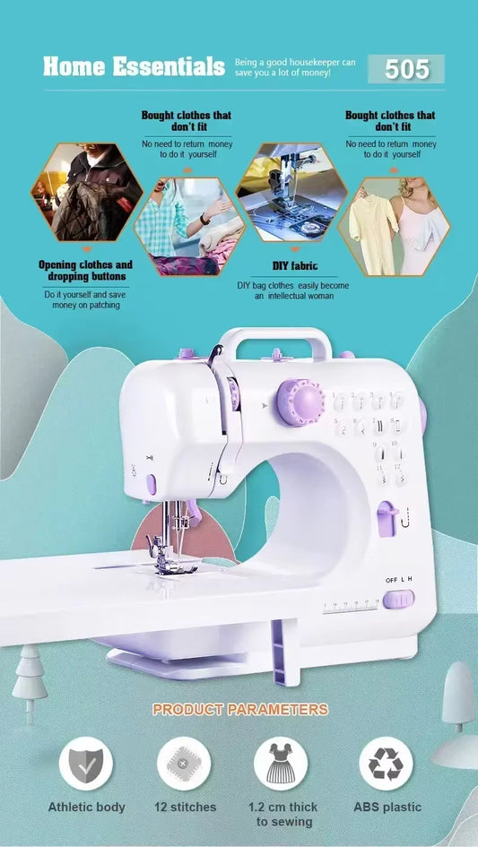 505A Portable Sewing Machine – 12 Stitches, Dual Speed, Foot Pedal – Compact & Electric for Crafting, Mending & Beginners