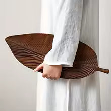 Leaf-Shaped Oleander Wood Tray with Handle – Antique Style Decorative Tray