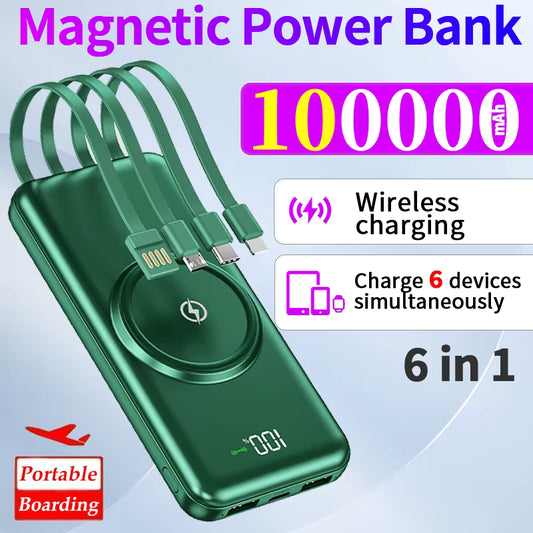 100000mAh Wireless Power Bank – 6-in-1 Fast Charging External Battery with Built-in Cables & Digital Display