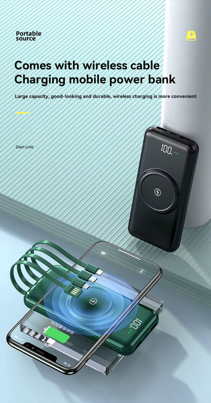 100000mAh Wireless Power Bank – 6-in-1 Fast Charging External Battery with Built-in Cables & Digital Display