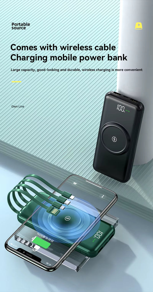 100000mAh Wireless Power Bank – 6-in-1 Fast Charging External Battery with Built-in Cables & Digital Display