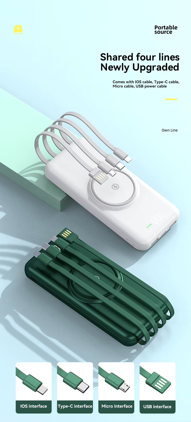 100000mAh Wireless Power Bank – 6-in-1 Fast Charging External Battery with Built-in Cables & Digital Display