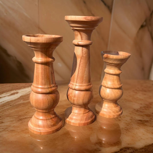 Wooden Candle Stands Set – Solid Acacia or Mahogany Wood – Set of 3 Sizes