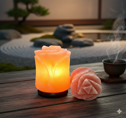 Salt Lamp Flower Collection (EU & UK Cords) | Natural Himalayan Salt Lamp with Wooden Base – ON/OFF & Dimmer Options