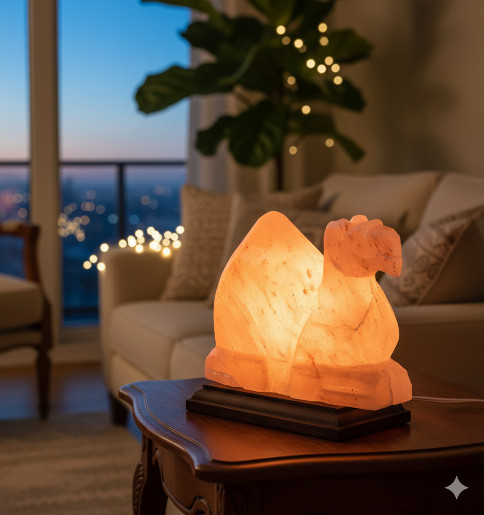 Salt Lamp (Camel) Collection (EU & UK Cords) | Handcrafted Himalayan Rock Salt Lamp with Wooden Base – ON/OFF & Dimmer Options