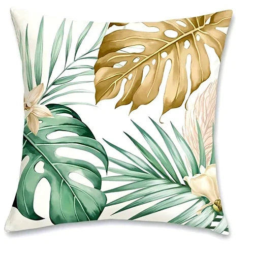 Purilite Select – Golden Green Palm Leaf Pillowcase | Ultra-Soft Polyester Peachskin Cushion Cover for Sofa, Bed & Car (No Pillow Core)