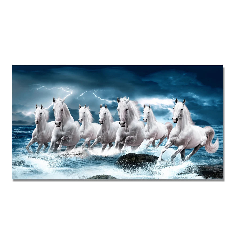 Purilite Select – Galloping Grace 7 White Horses Modern Canvas Wall Art