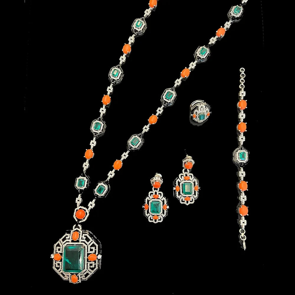 Purilite Select – Turquoise Dubai Bridal Jewelry Set | 4-Piece 18K Gold Plated Wedding Set with AAA CZ Stones