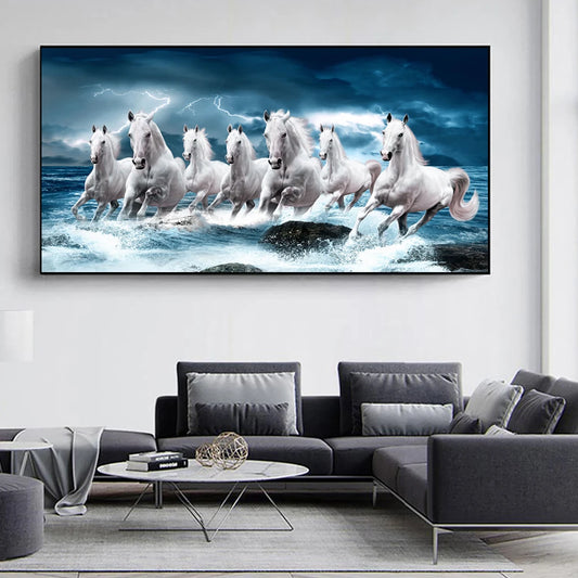 Purilite Select – Galloping Grace 7 White Horses Modern Canvas Wall Art