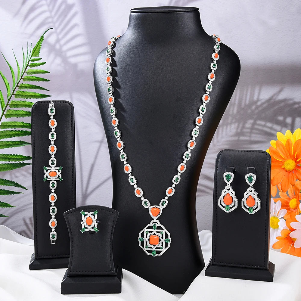 Purilite Select – Turquoise Dubai Bridal Jewelry Set | 4-Piece 18K Gold Plated Wedding Set with AAA CZ Stones
