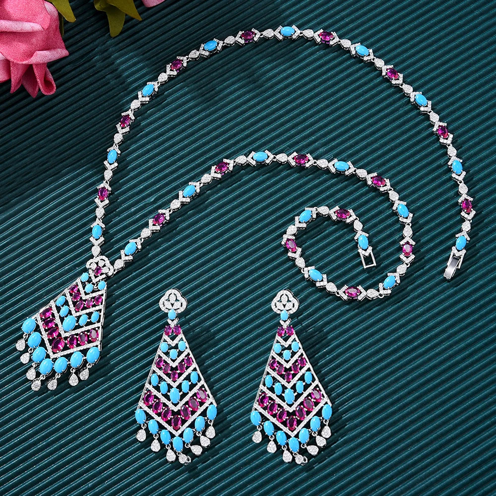 Purilite Select – Turquoise Dubai Bridal Jewelry Set | 4-Piece 18K Gold Plated Wedding Set with AAA CZ Stones