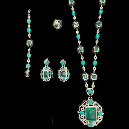 Purilite Select – Turquoise Dubai Bridal Jewelry Set | 4-Piece 18K Gold Plated Wedding Set with AAA CZ Stones
