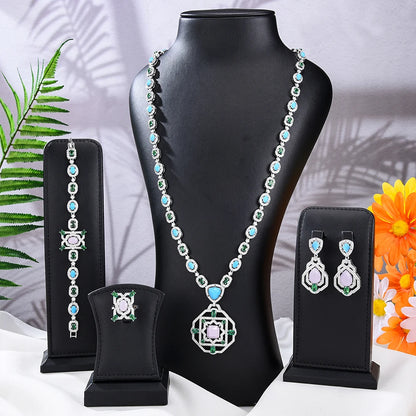 Purilite Select – Turquoise Dubai Bridal Jewelry Set | 4-Piece 18K Gold Plated Wedding Set with AAA CZ Stones