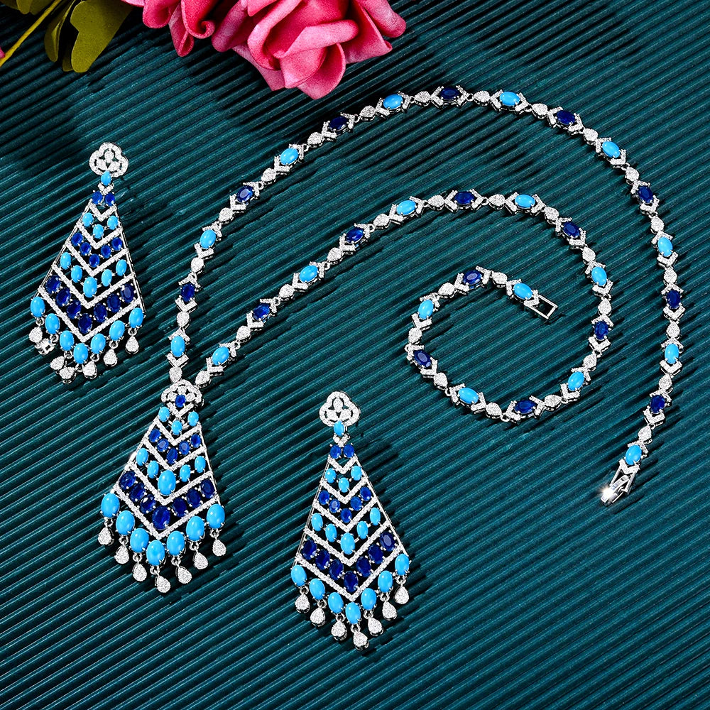 Purilite Select – Turquoise Dubai Bridal Jewelry Set | 4-Piece 18K Gold Plated Wedding Set with AAA CZ Stones