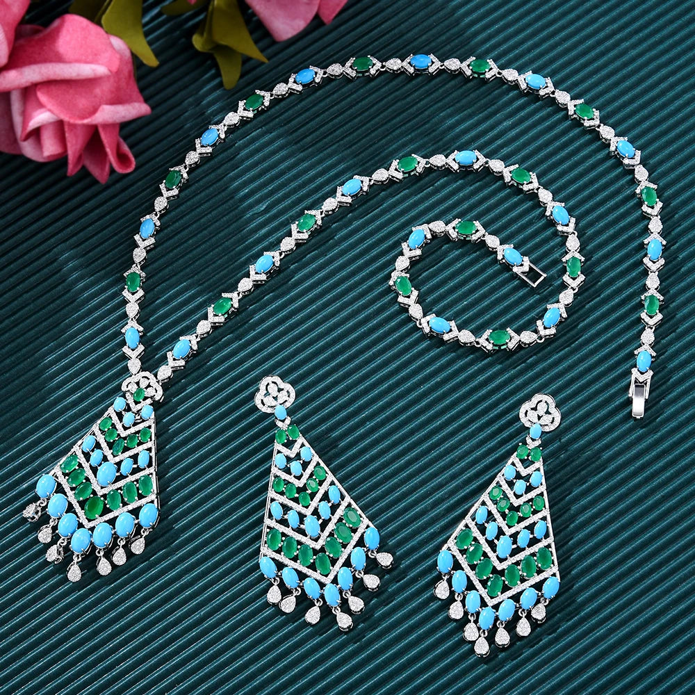 Purilite Select – Turquoise Dubai Bridal Jewelry Set | 4-Piece 18K Gold Plated Wedding Set with AAA CZ Stones